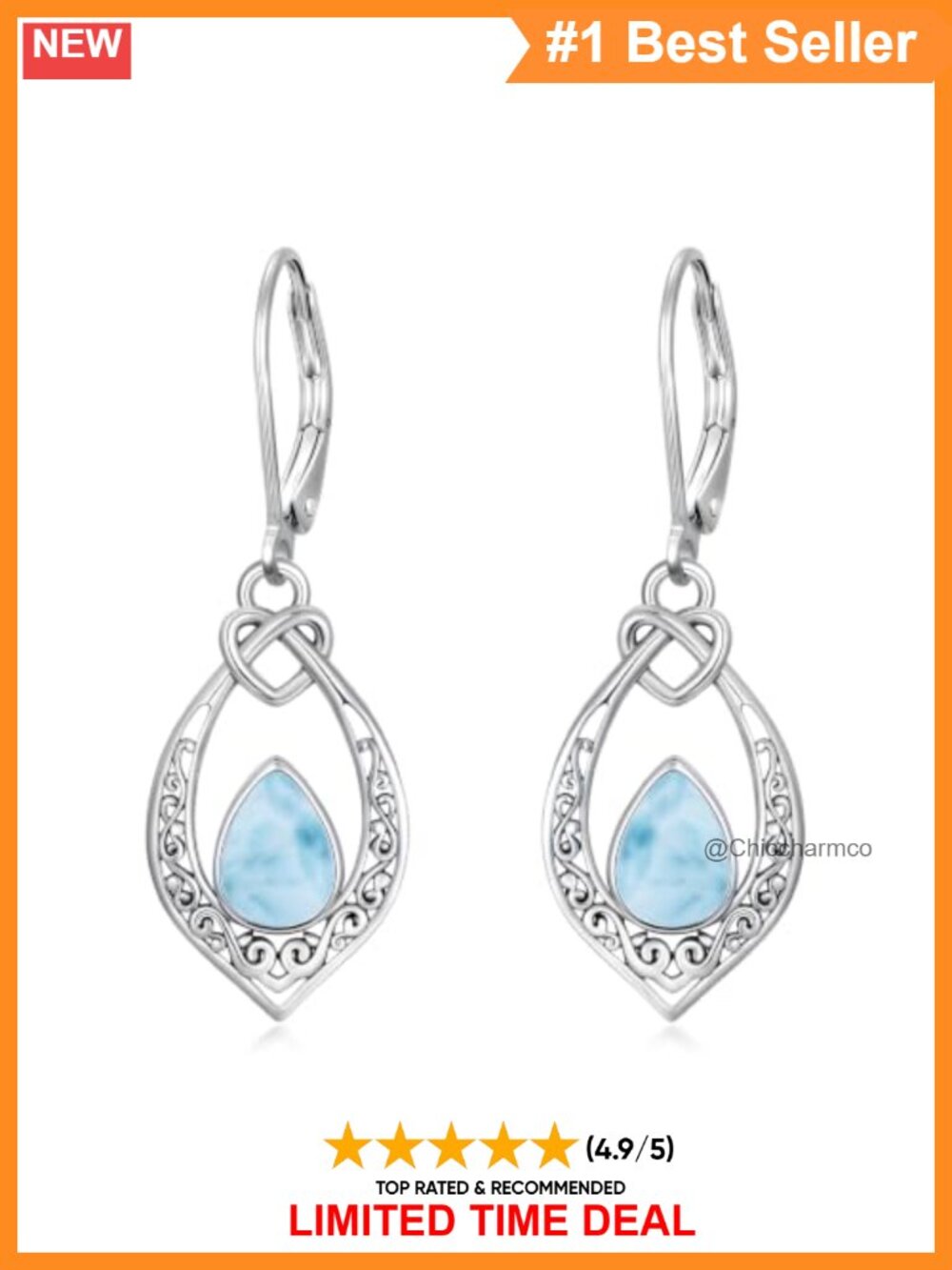Celtic Knot Teardrop Dangle Earrings 18K White Gold Plated Leverback